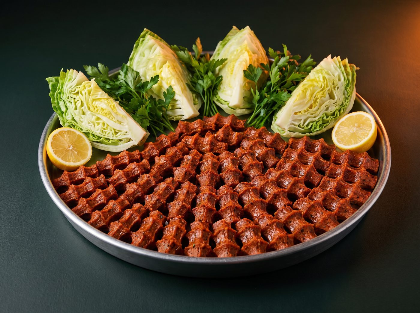 Tepside çiğköfte, göbek marul, domates, limon ve maydanoz