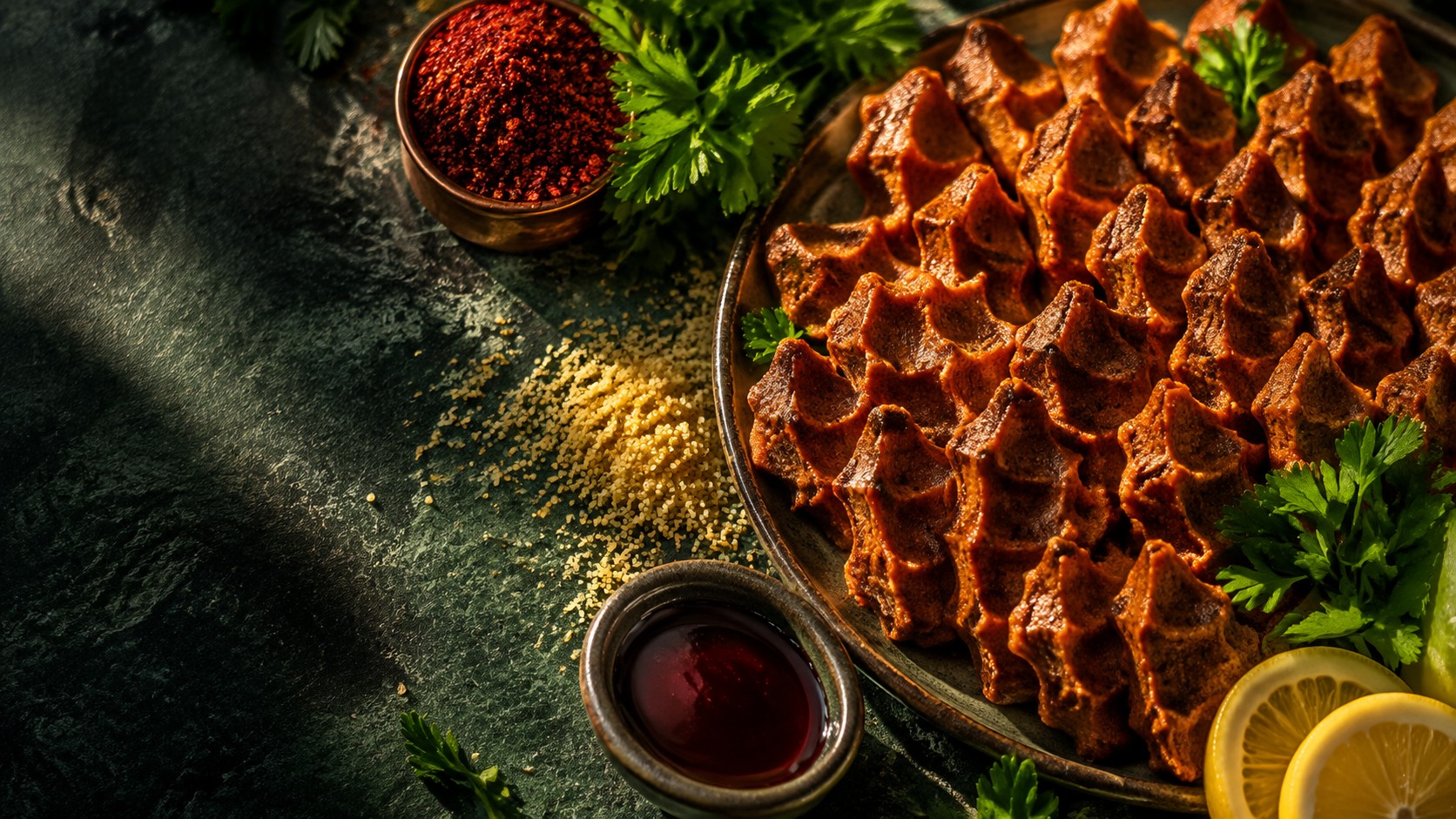 Çiğköfte, bulgur, baharat ve taze yeşilliklerden oluşan kompozisyon