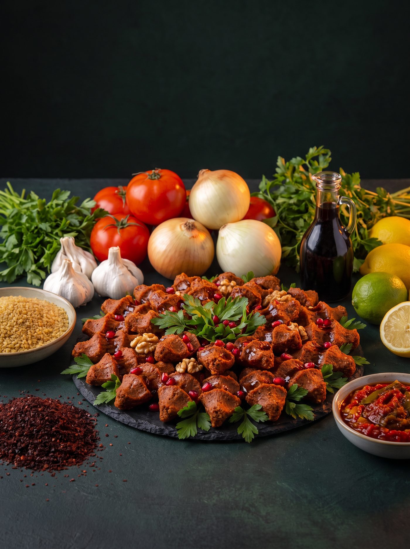 Koyu taş zeminde domates, limon, soğan, sarımsak, maydanoz, bir kâse ince bulgur ve serpilmiş isot