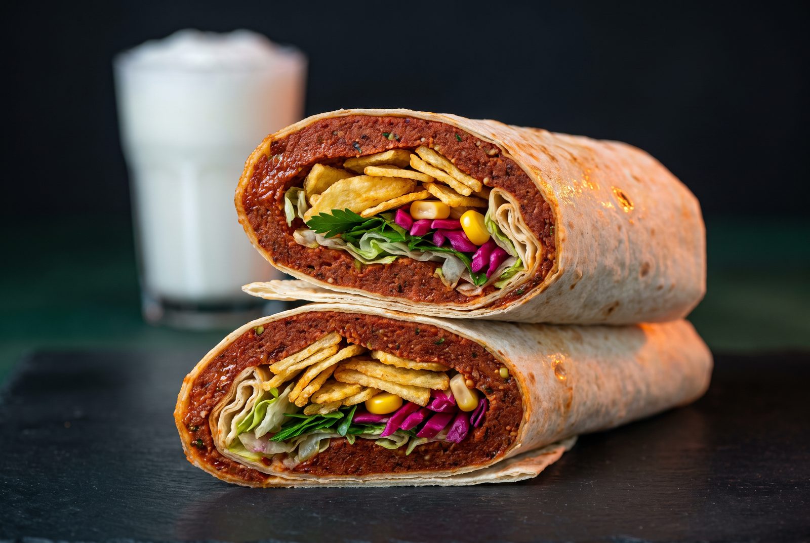 Mega Dürüm kesiti: çiğköfte, marul, turşu ve cips