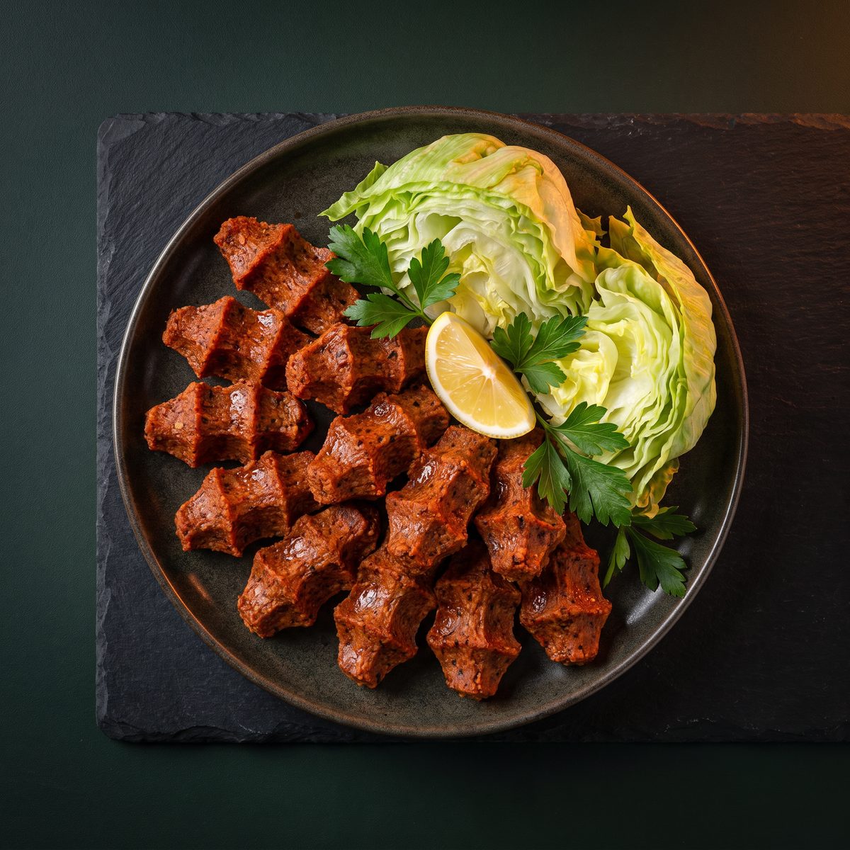 Tabakta çiğköfte porsiyonu; yanında göbek marul, limon ve maydanoz